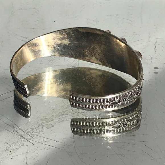 Genuine Coral Sterling Silver Cuff 925 Repousse - Picture 6 of 8